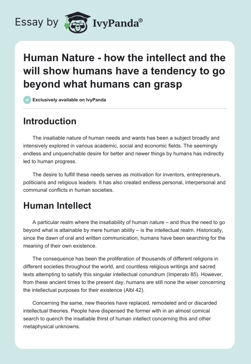 Human Nature - how the intellect and the will show humans have a tendency to go beyond what humans can grasp. Page 1