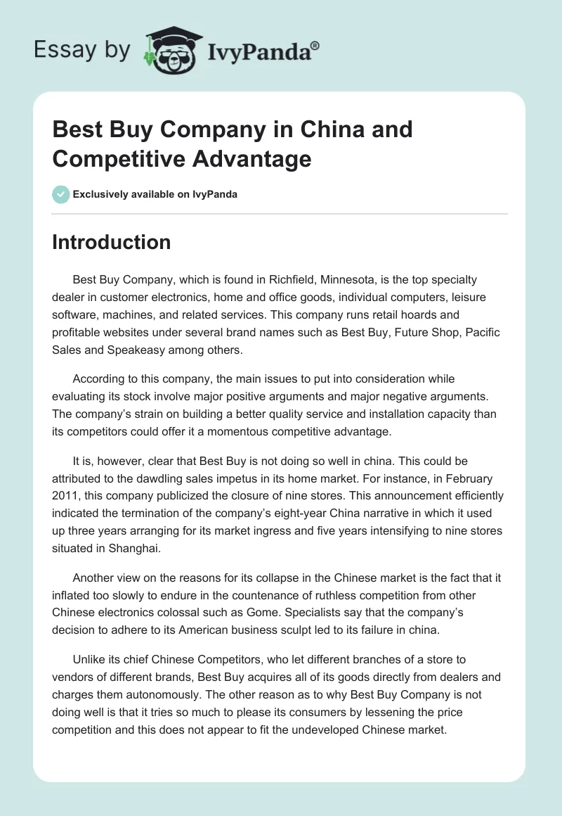 Best Buy Company in China and Competitive Advantage. Page 1