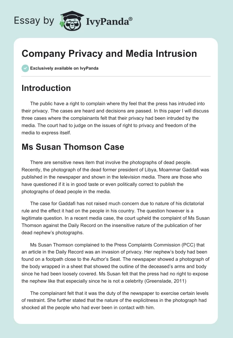 Company Privacy and Media Intrusion. Page 1