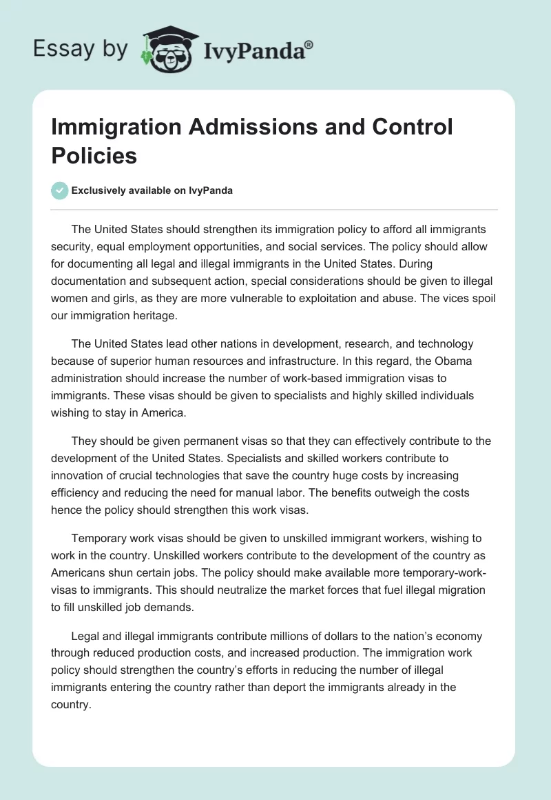 Immigration Admissions and Control Policies. Page 1