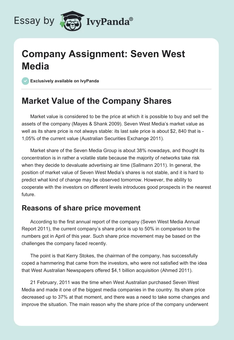 Company Assignment: Seven West Media. Page 1