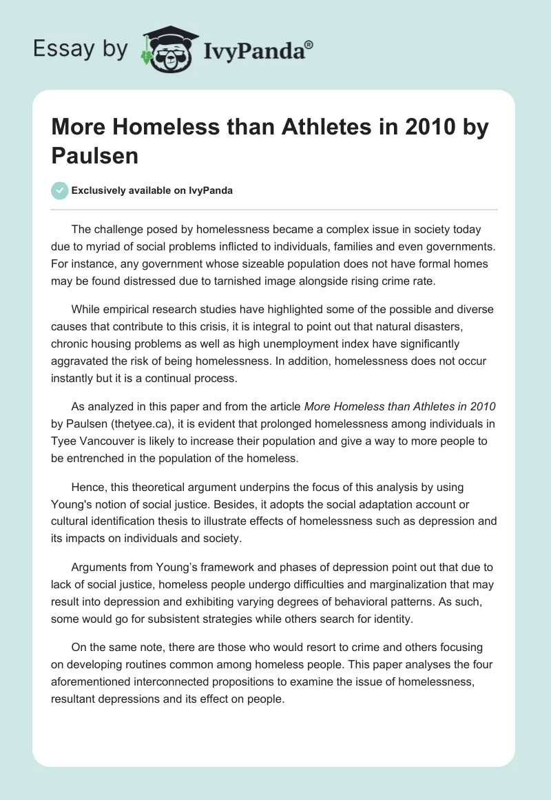 More Homeless than Athletes in 2010 by Paulsen. Page 1