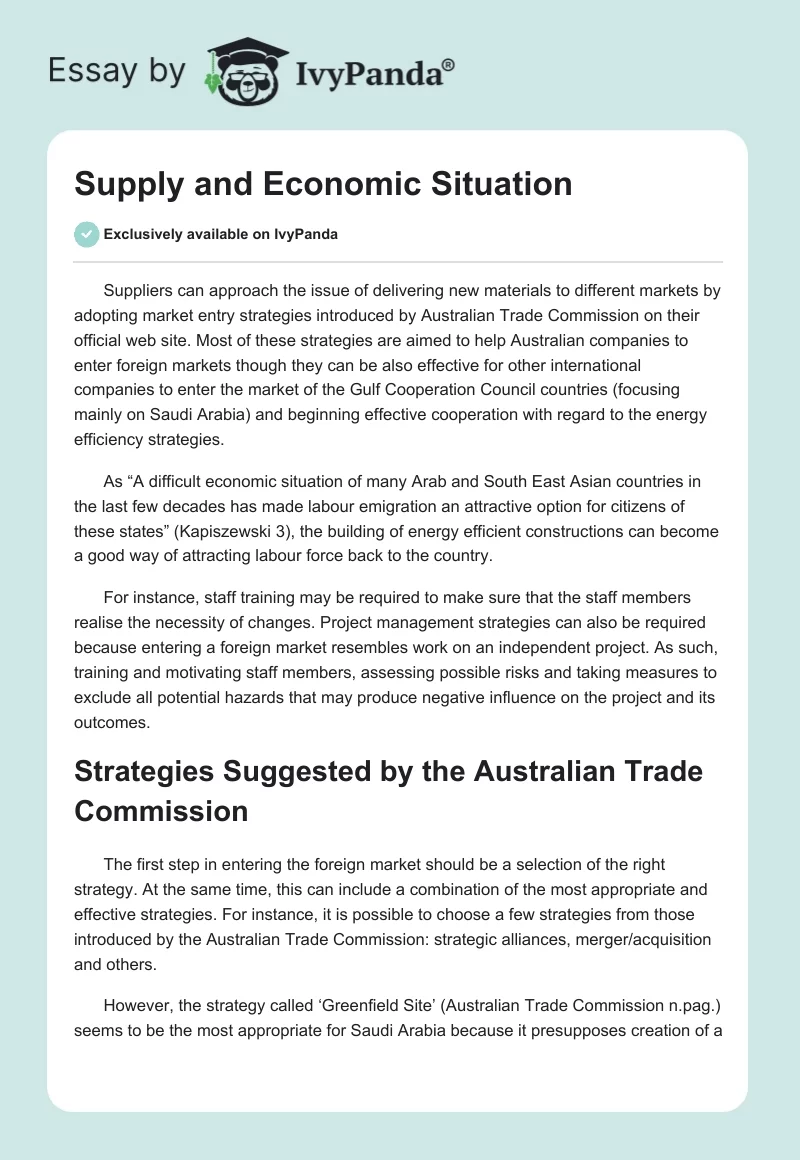 Supply and Economic Situation. Page 1