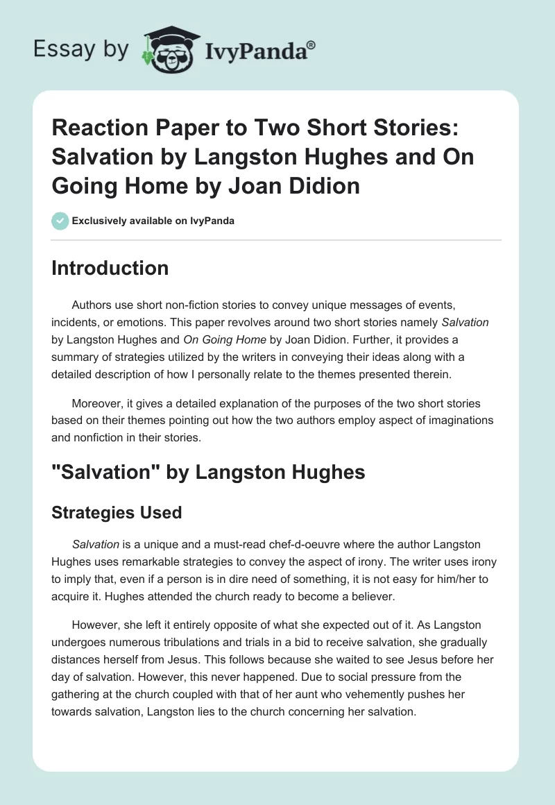 Reaction Paper to Two Short Stories: "Salvation" by Langston Hughes and "On Going Home" by Joan Didion. Page 1