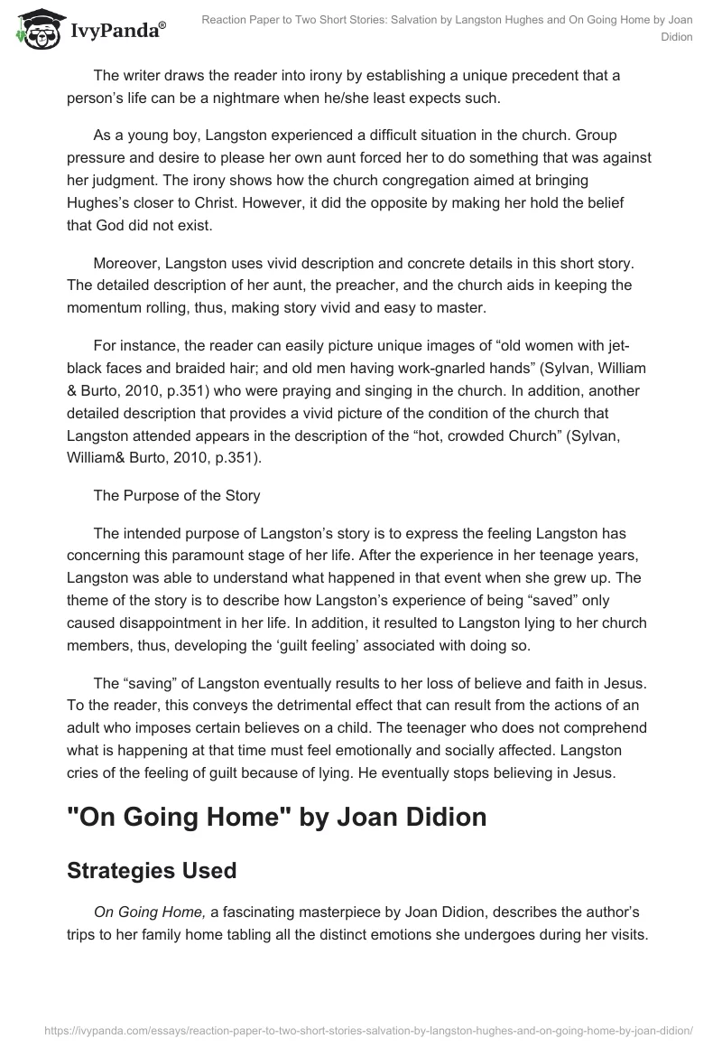 Reaction Paper to Two Short Stories: "Salvation" by Langston Hughes and "On Going Home" by Joan Didion. Page 2