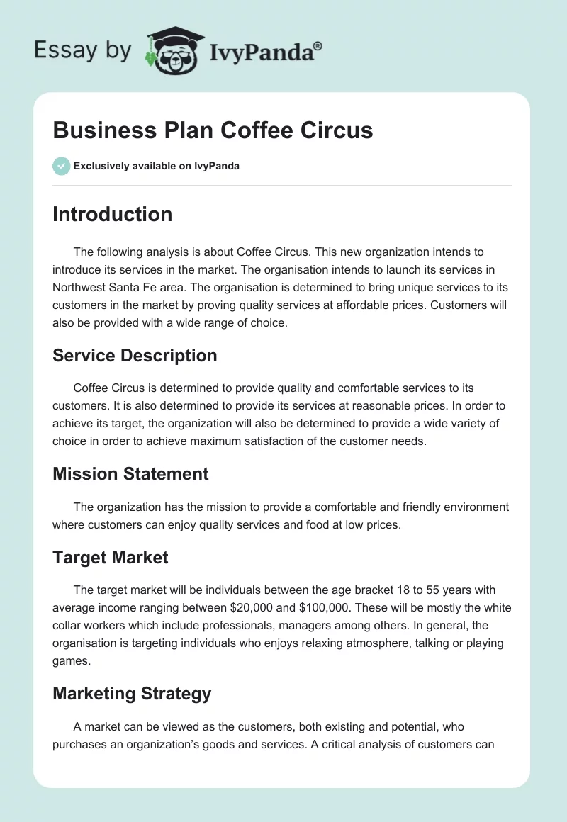 Business Plan Coffee Circus. Page 1