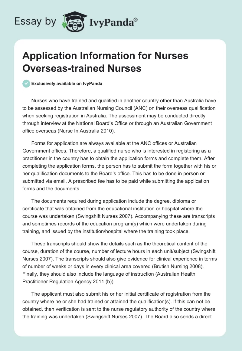 Application Information for Nurses Overseas-trained Nurses. Page 1