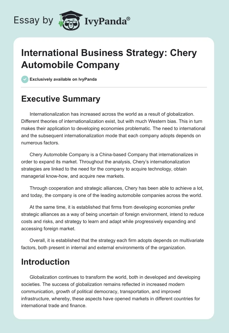International Business Strategy: Chery Automobile Company. Page 1