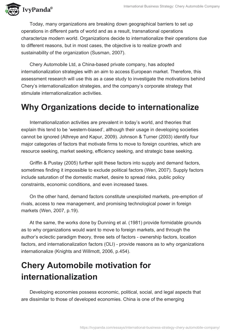 International Business Strategy: Chery Automobile Company. Page 2