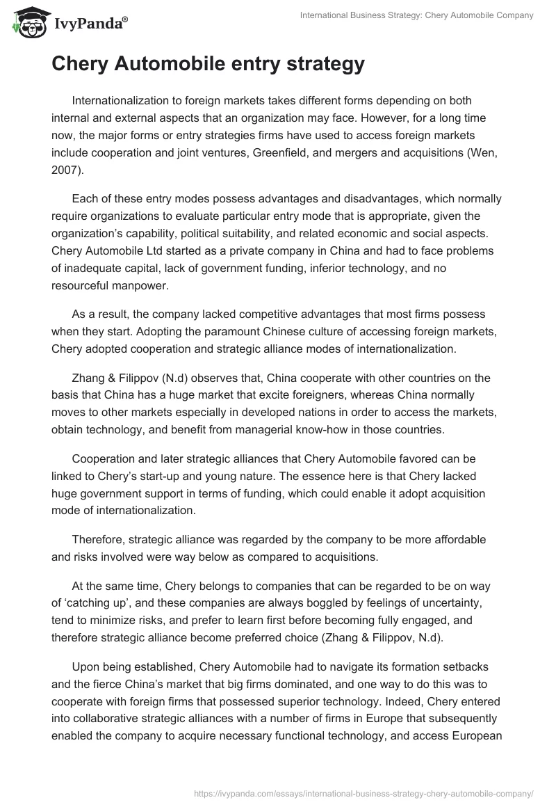 International Business Strategy: Chery Automobile Company. Page 4