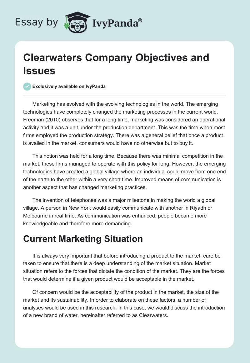 Clearwaters Company Objectives and Issues. Page 1