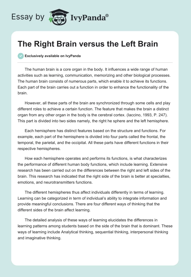 The Right Brain Versus the Left Brain. Page 1