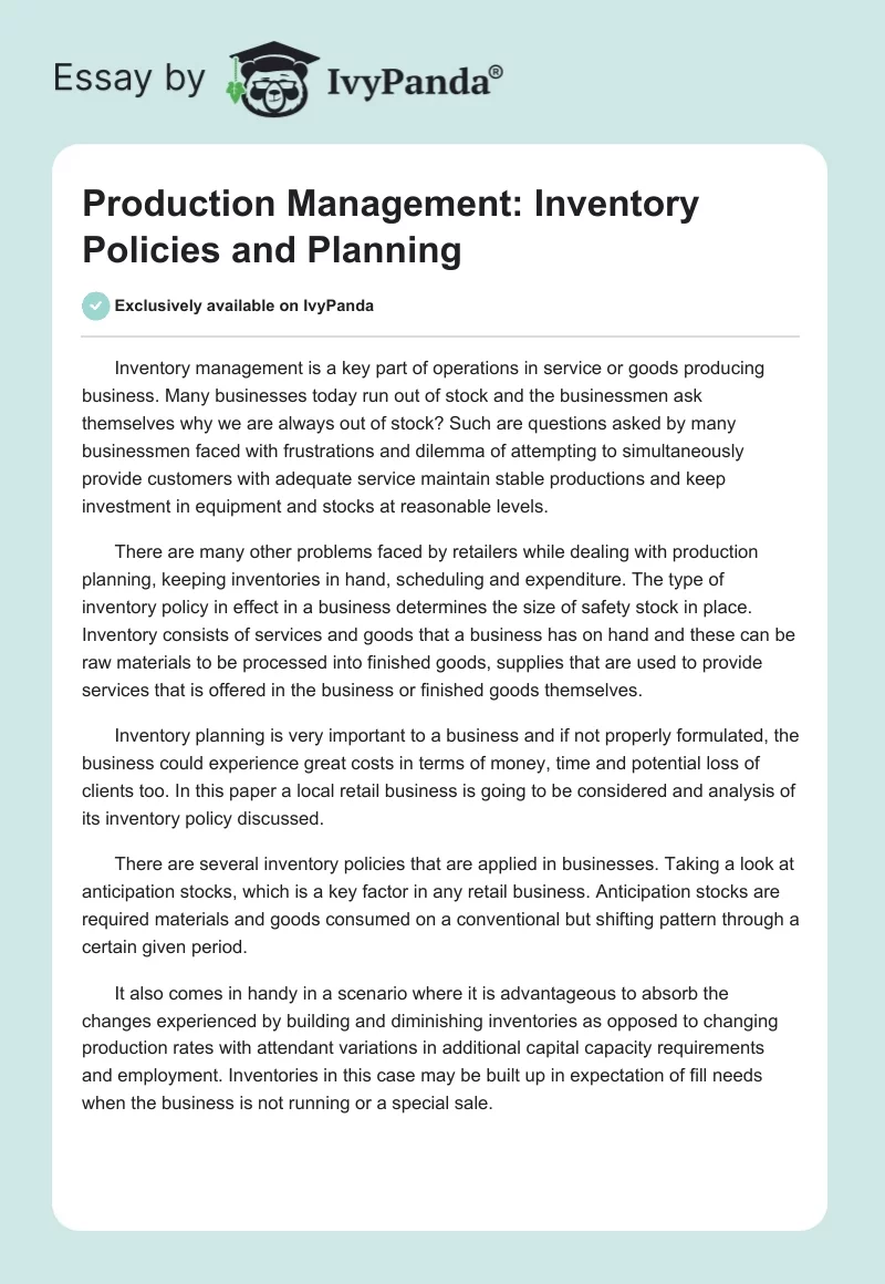 Production Management: Inventory Policies and Planning. Page 1