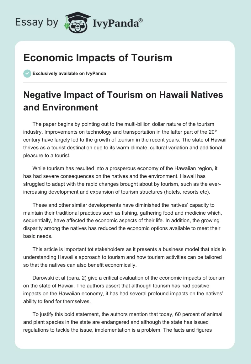 Economic Impacts of Tourism. Page 1