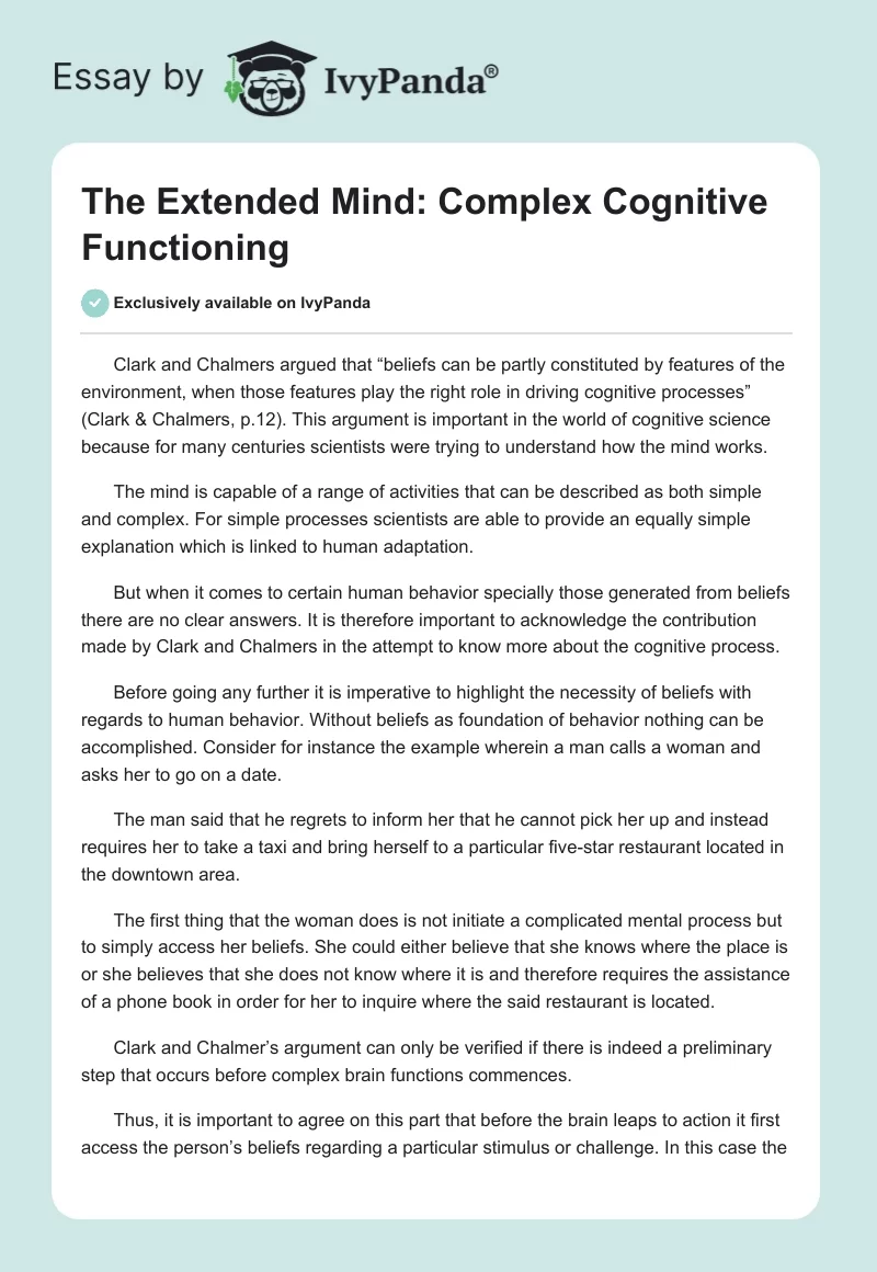 The Extended Mind: Complex Cognitive Functioning. Page 1