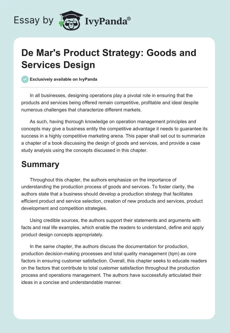 De Mar's Product Strategy: Goods and Services Design. Page 1
