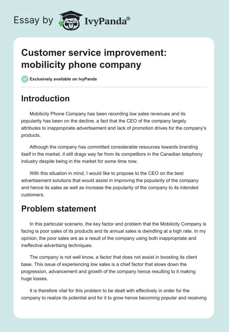 Customer Service Improvement: Mobilicity Phone Company. Page 1