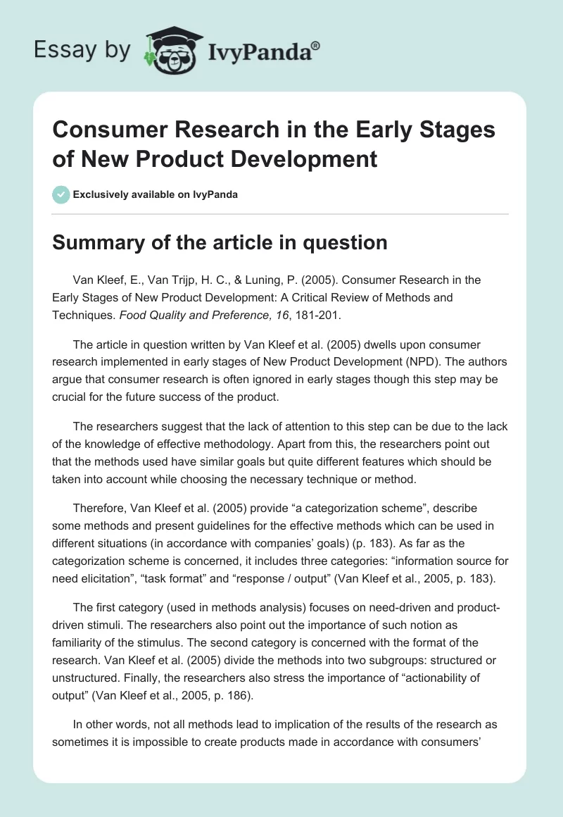 Consumer Research in the Early Stages of New Product Development. Page 1