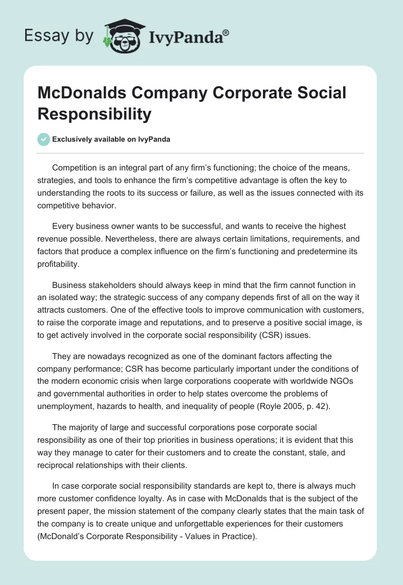 McDonalds Company Corporate Social Responsibility. Page 1