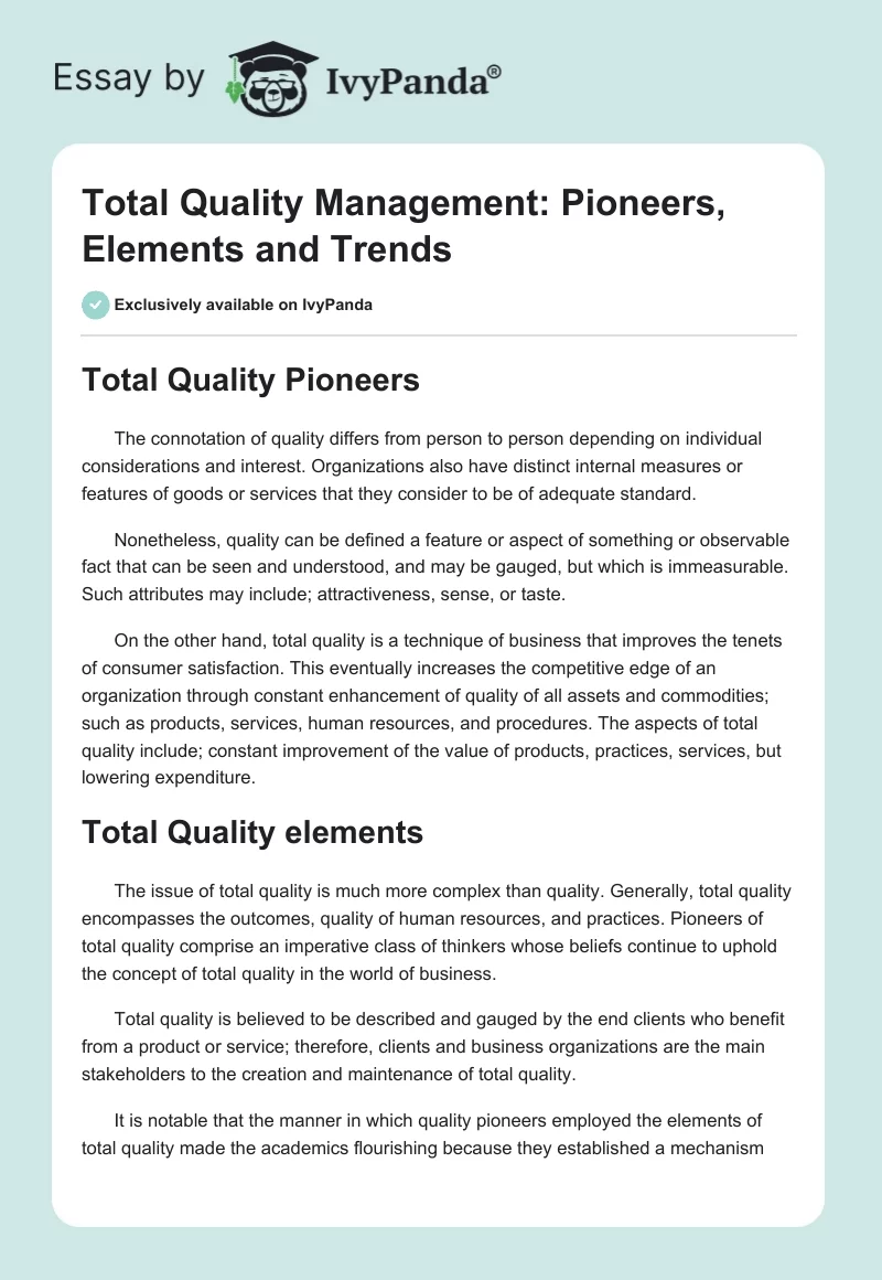 Total Quality Management: Pioneers, Elements and Trends. Page 1