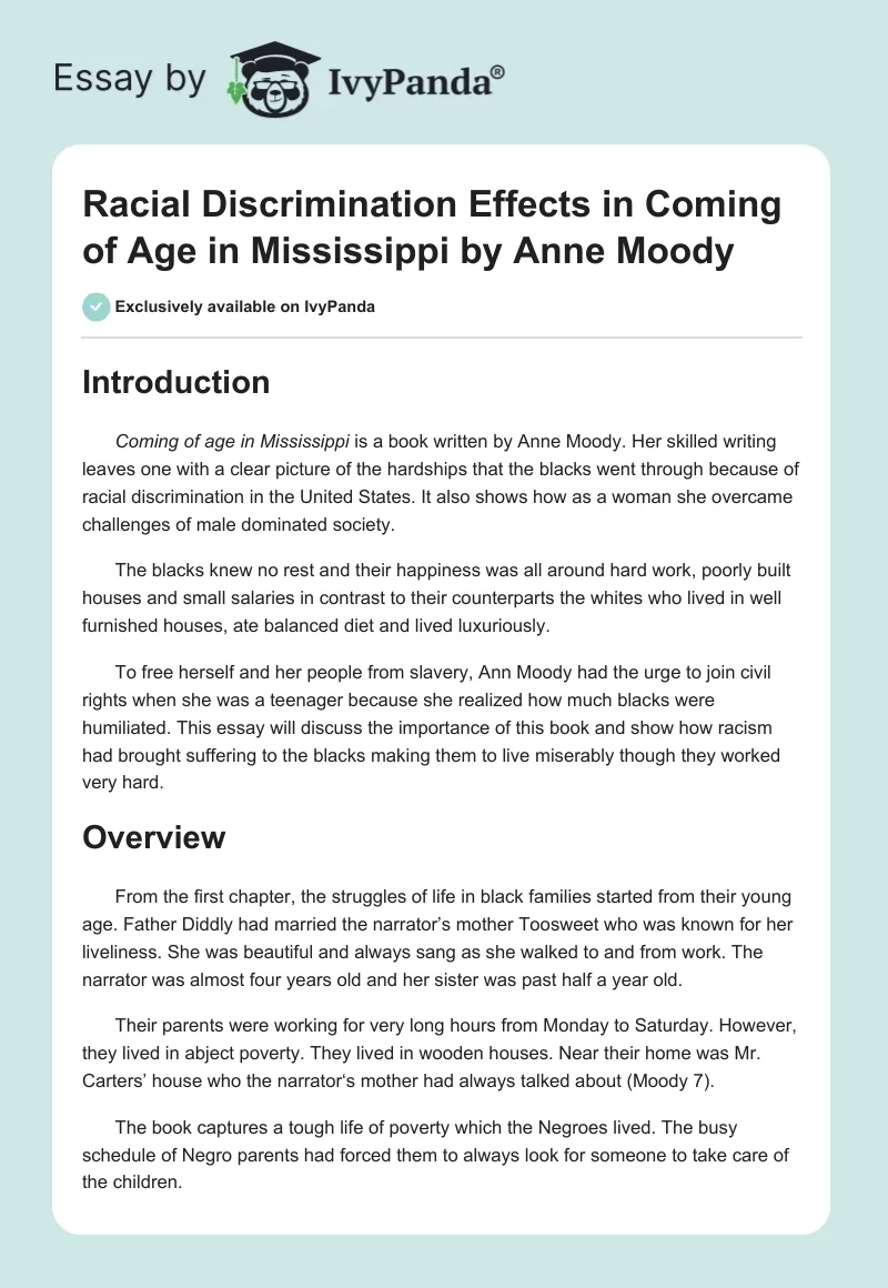Racial Discrimination Effects in Coming of Age in Mississippi by Anne Moody. Page 1