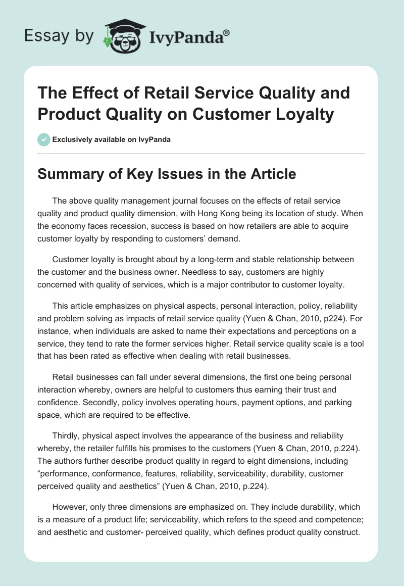 The Effect of Retail Service Quality and Product Quality on Customer Loyalty. Page 1