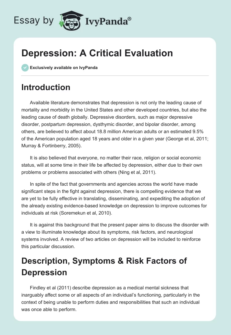 Depression: A Critical Evaluation. Page 1