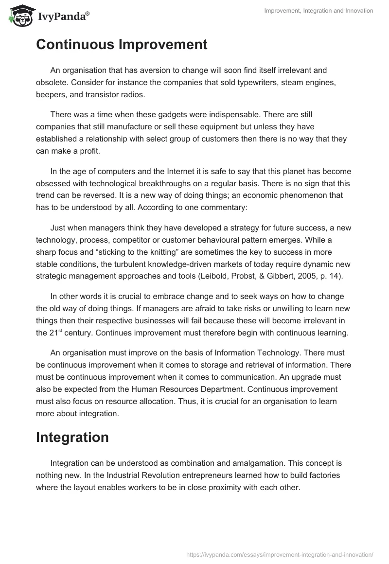 Improvement, Integration and Innovation. Page 2