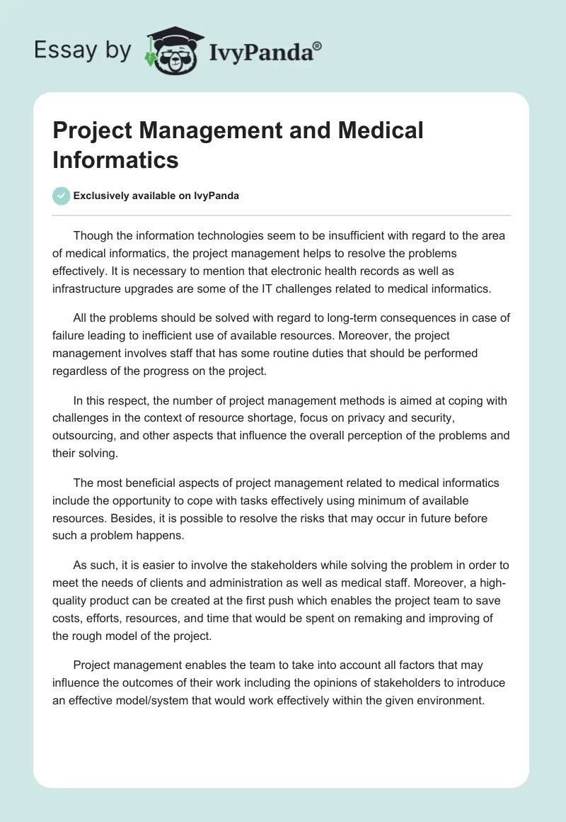 Project Management and Medical Informatics. Page 1