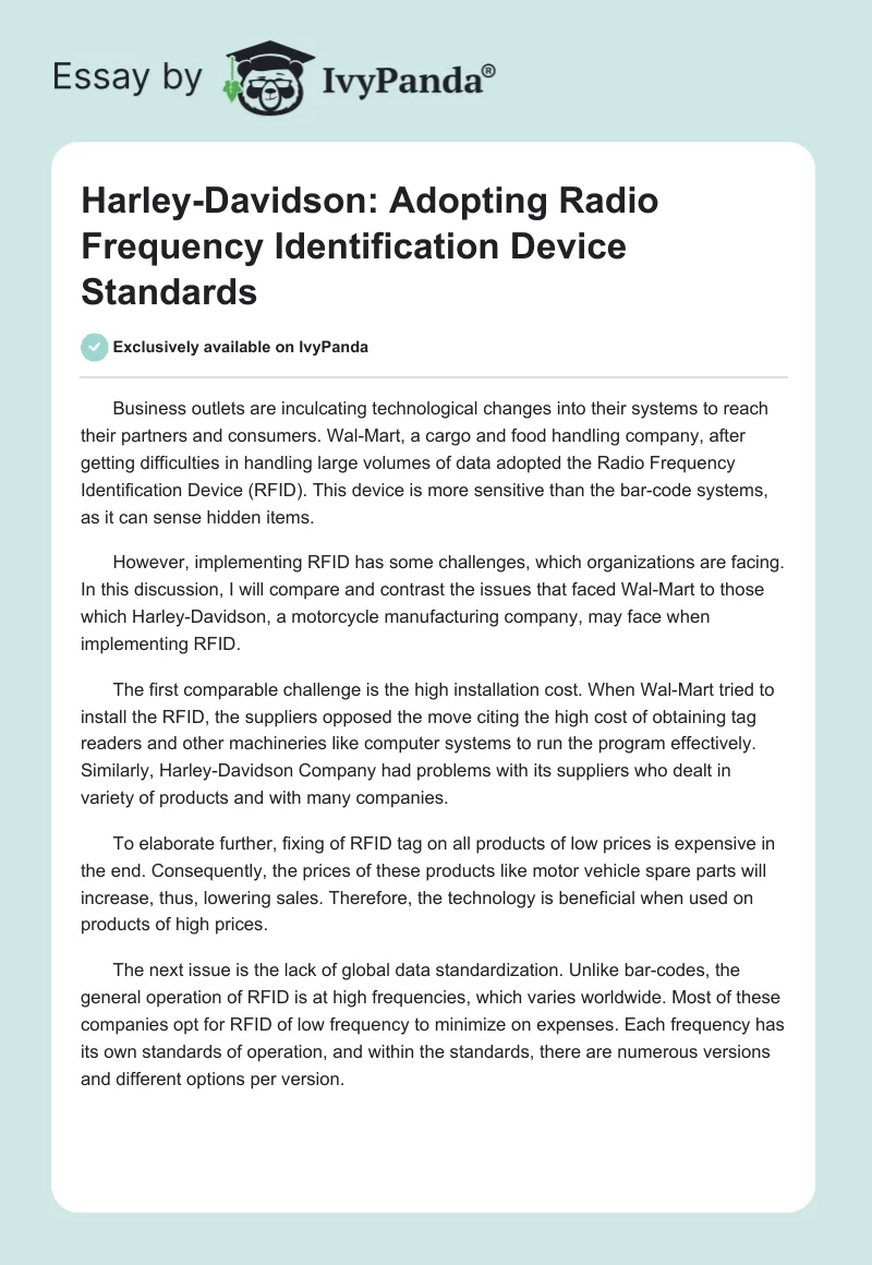 Harley-Davidson: Adopting Radio Frequency Identification Device Standards. Page 1