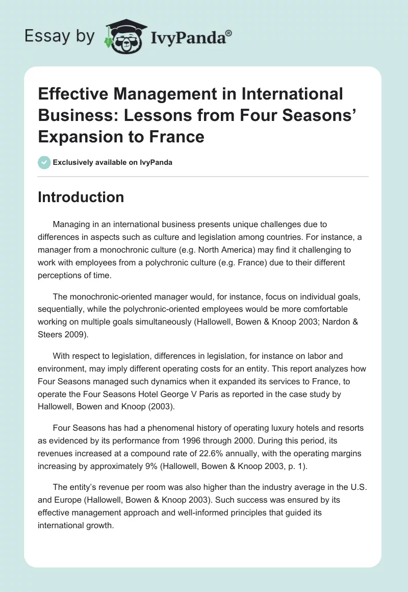 Effective Management in International Business: Lessons from Four Seasons’ Expansion to France. Page 1