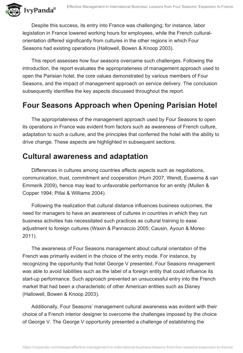 Effective Management in International Business: Lessons from Four Seasons’ Expansion to France. Page 2