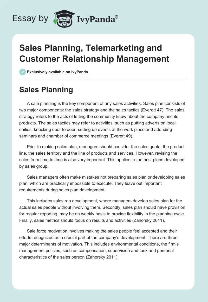 Sales Planning, Telemarketing and Customer Relationship Management. Page 1