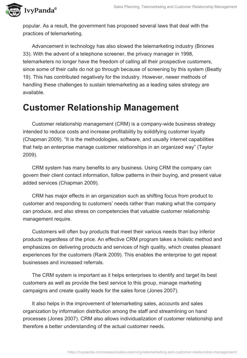 Sales Planning, Telemarketing and Customer Relationship Management. Page 4