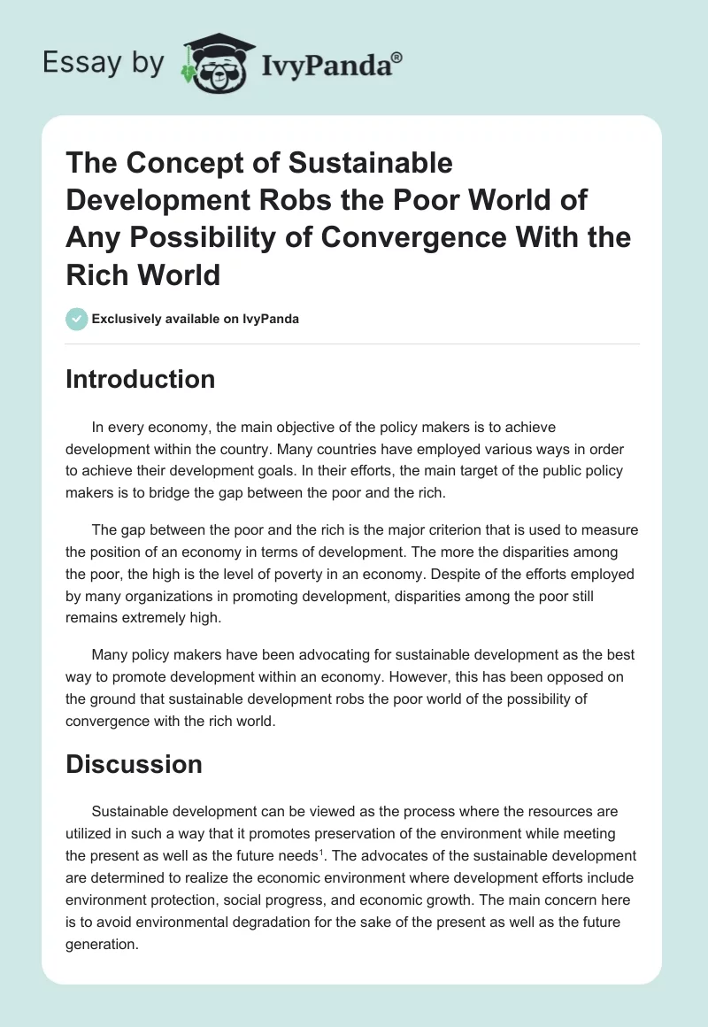 The Concept of Sustainable Development Robs the Poor World of Any Possibility of Convergence With the Rich World. Page 1