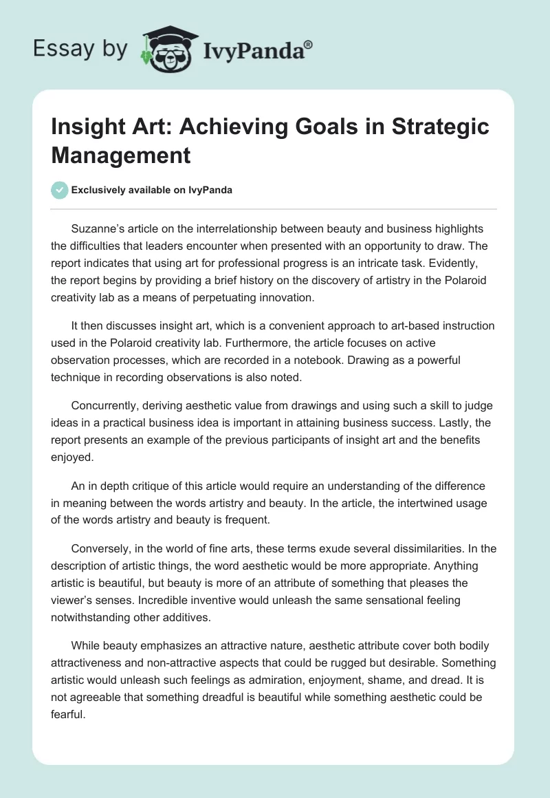 Insight Art: Achieving Goals in Strategic Management. Page 1