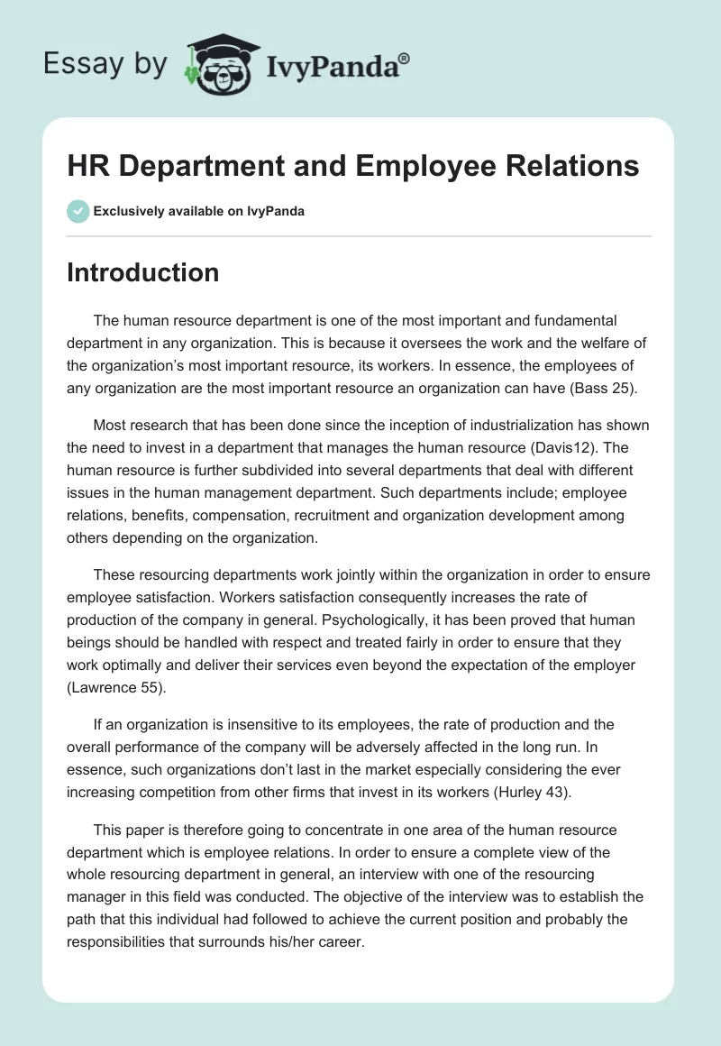 HR Department and Employee Relations. Page 1