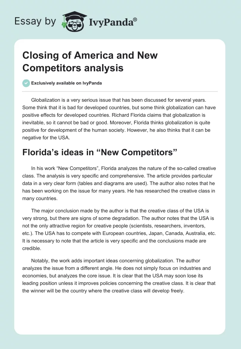"Closing of America" and "New Competitors" analysis. Page 1