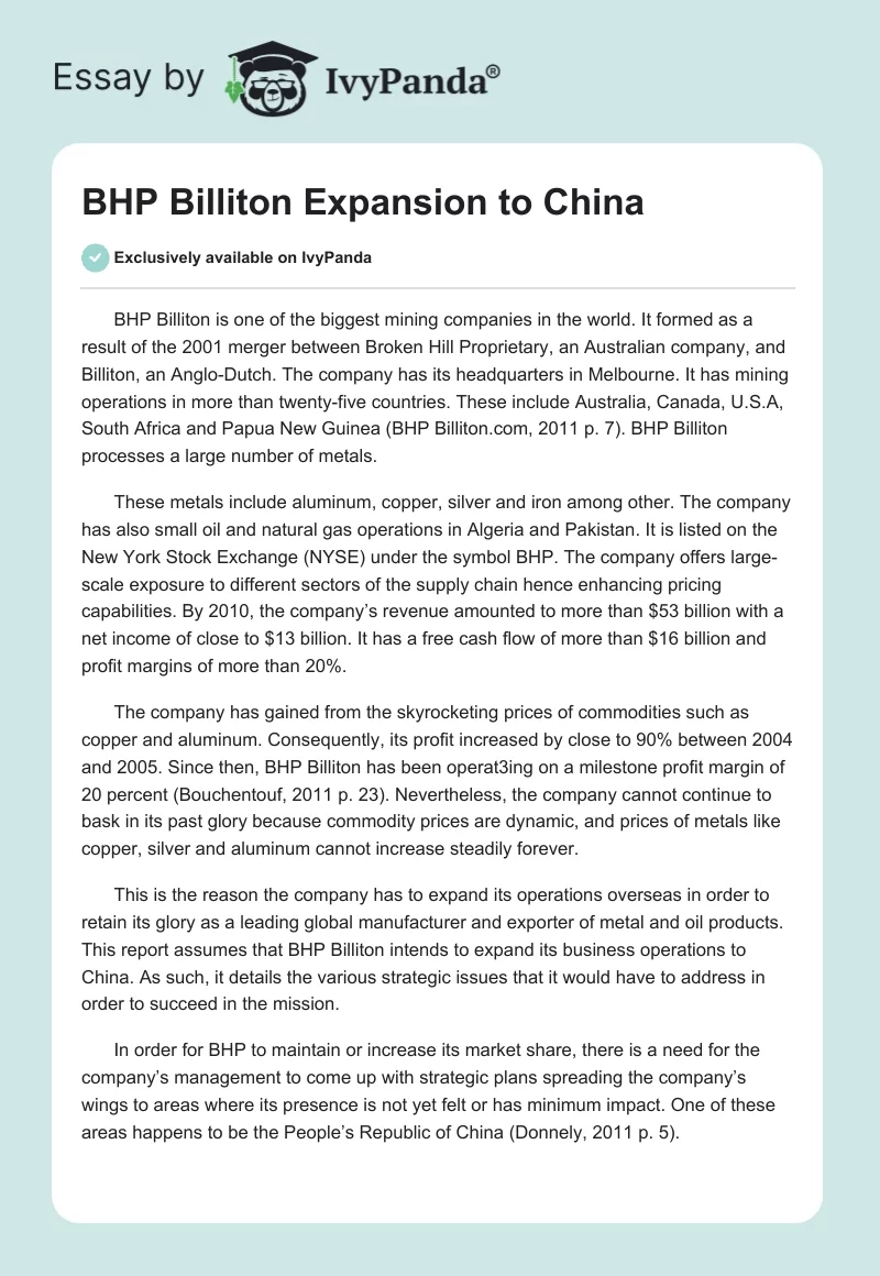 BHP Billiton Expansion to China. Page 1