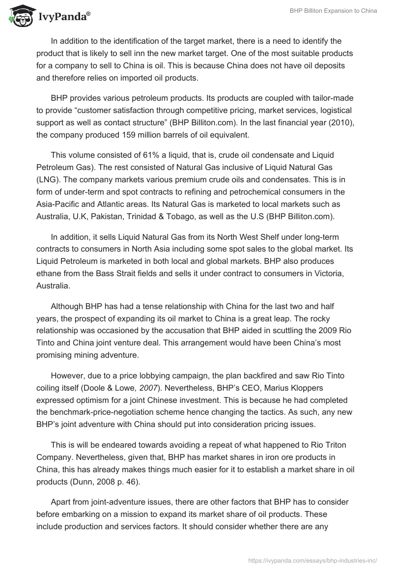 BHP Billiton Expansion to China. Page 2