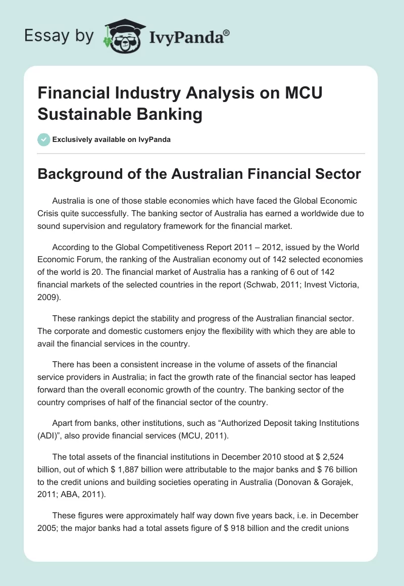 Financial Industry Analysis on MCU Sustainable Banking. Page 1