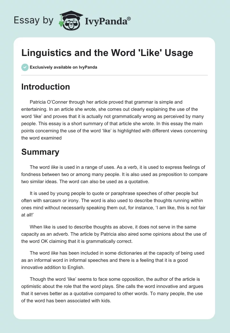 Linguistics and the Word 'Like' Usage. Page 1