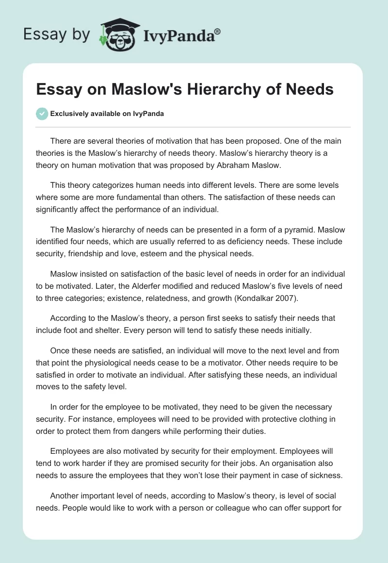 Essay on Maslow's Hierarchy of Needs. Page 1