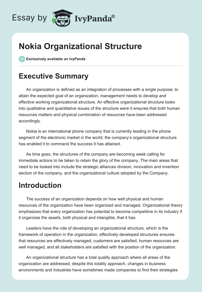 Organizational Structure of Nokia. Page 1