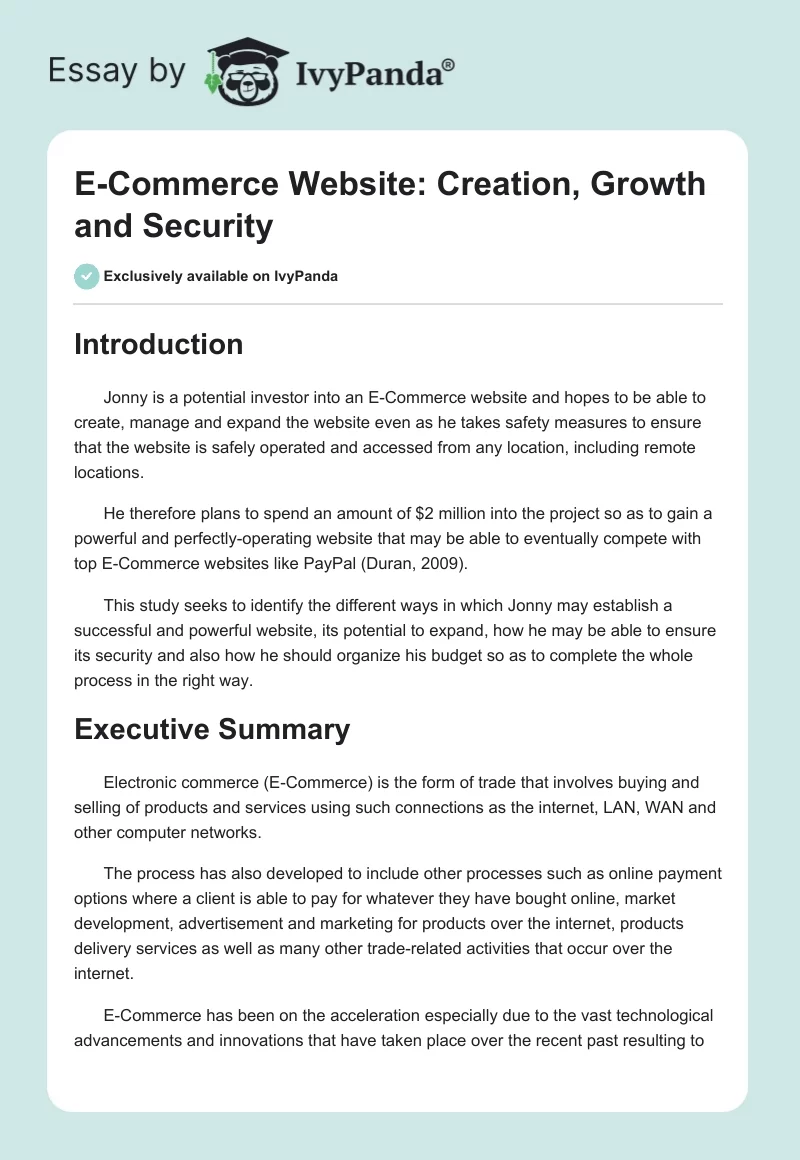 E-Commerce Website: Creation, Growth and Security. Page 1