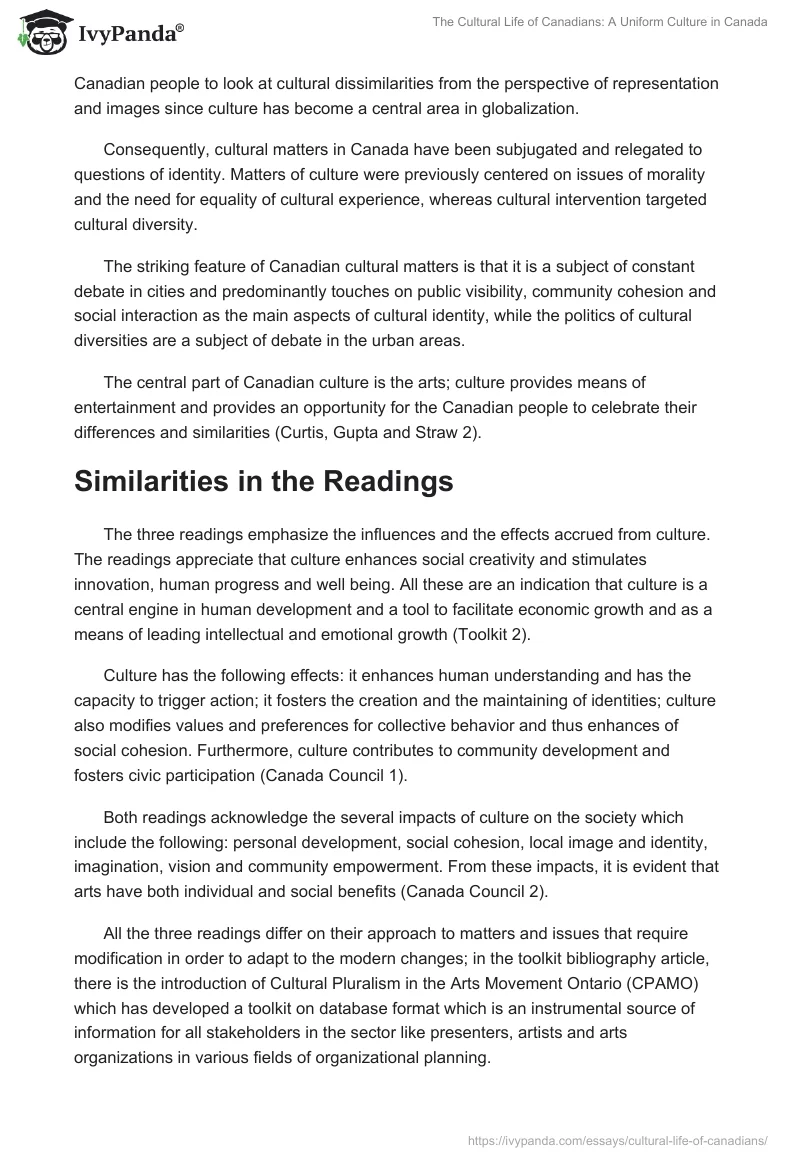 The Cultural Life of Canadians: A Uniform Culture in Canada. Page 2
