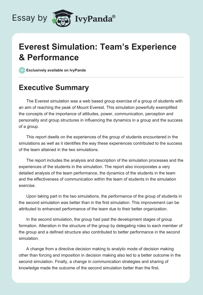 Everest Simulation: Team’s Experience & Performance. Page 1