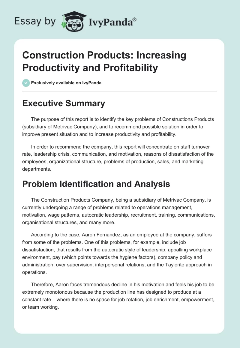 Construction Products: Increasing Productivity and Profitability. Page 1