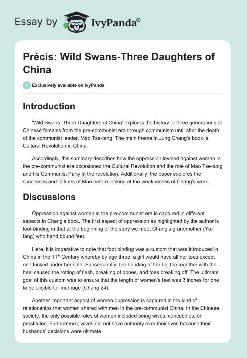 Précis: Wild Swans-Three Daughters of China. Page 1