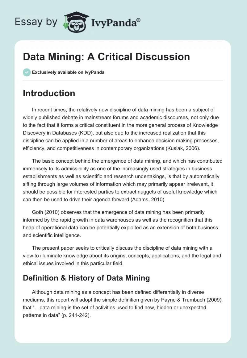 Data Mining: A Critical Discussion. Page 1